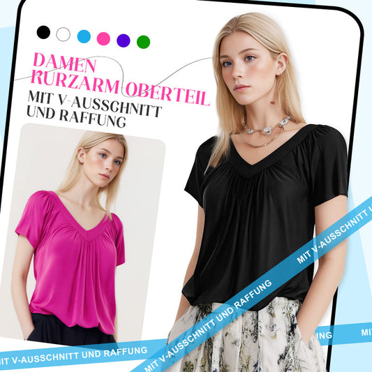 ✨Mehr kaufen, mehr sparen!🌸Lässiges Damen-Top mit plissiertem V-Ausschnitt und kurzen Ärmeln