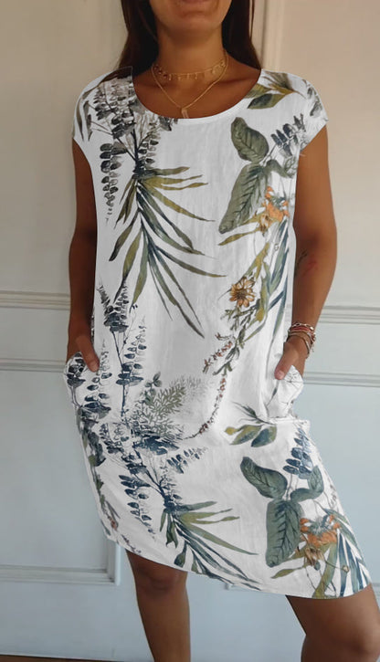 🌷49% RABATT❤️‍🔥Bedrucktes Kleid mit Rundhalsausschnitt aus Baumwolle und Leinen für Frauen