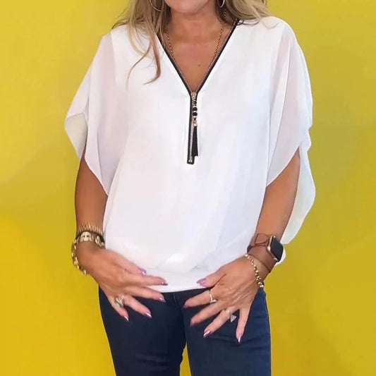 🔥Großer Verkauf 49% RABATT💟Damen Chiffon Zip-up-Ausschnitt Casual Top