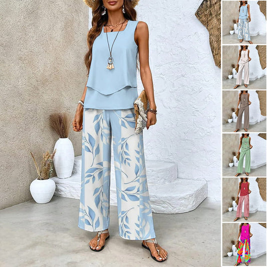 🔥 Muttertags-Rabattaktion 50% RABATT 🌺 Modische Zweiteilige Damen-Outfits mit bedrucktem ärmellosen Oberteil & Hose