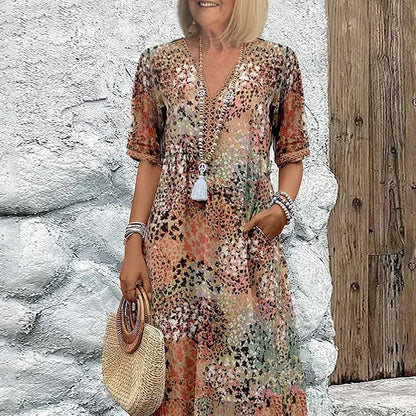 Bedrucktes Midikleid mit V-Ausschnitt für Damen🌿(Klassisch und elegant)