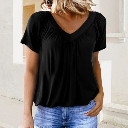 ✨Mehr kaufen, mehr sparen!🌸Lässiges Damen-Top mit plissiertem V-Ausschnitt und kurzen Ärmeln